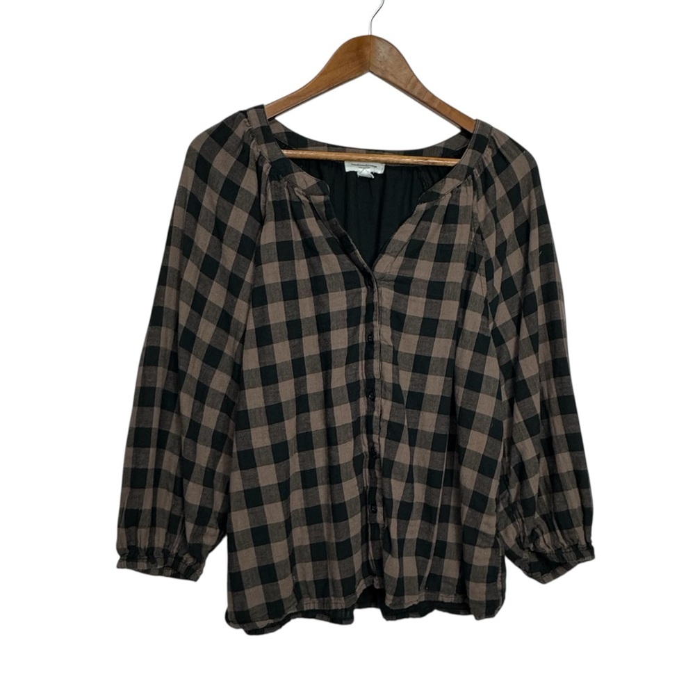 Beachlunchlounge Black and Tan Gingham Plaid Blouse Cotton Large - Picture 2 of 8